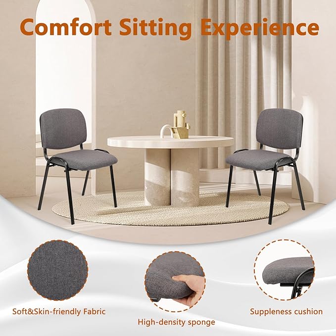 CLATINA Set of 10 Stackable Waiting Room Chairs, Armless No Wheels Reception Chair with Upholstered Seat, Guest Chairs for Conference, Breakroom, Lobby, Events, Church, School, Hall, Hotel (Grey)