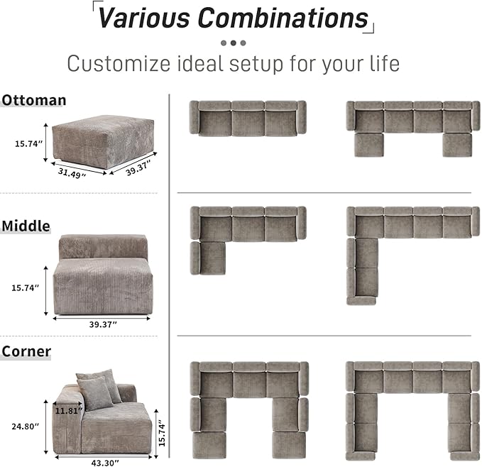WJShome Modular Sectional Sofa Couch,141.73inch Oversized 3 Seater Sofa,Upholstered with Corduroy Fabric Couches with 5 Pillows,Cushion Covers Removable& Washable