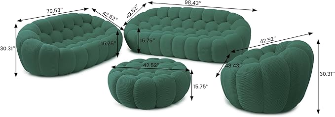 WJShome Modular Sectional Sofa,Bubble Couch Set,1 Seater+ LoveSofa+ 3 Seater+Ottoman,Modern Upholstered Bean Bag Sofa Couch Mesh Fabric Lazy Floor Chair Living Roon Sets (Green, 98.43"+79"+48"+42")