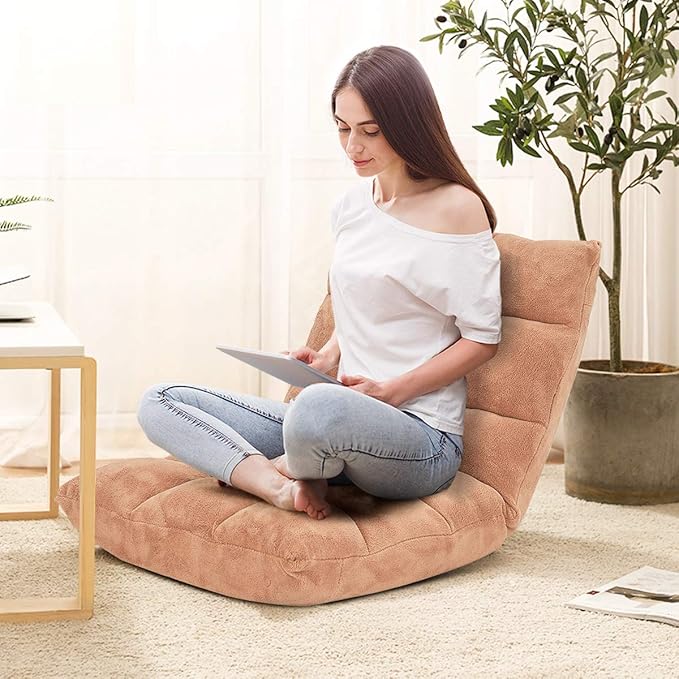 Giantex Floor Chairs for Adults - Floor Gaming Chair with Back Support, Coral Velvet, 14 Adjustable Position, Thick Sponge Padding, Floor Seating Lounge for Reading, Watching TV, Meditation (Khaki)