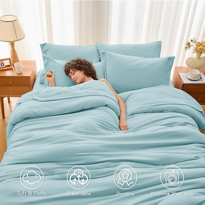MUXHOMO 7 Pieces California King Comforter Set, Soft Bed in a Bag Cal King Size, All Season Bedding Set with Comforter, Flat Sheet, Fitted Sheet, Pillowcases & Shams, Lake Blue