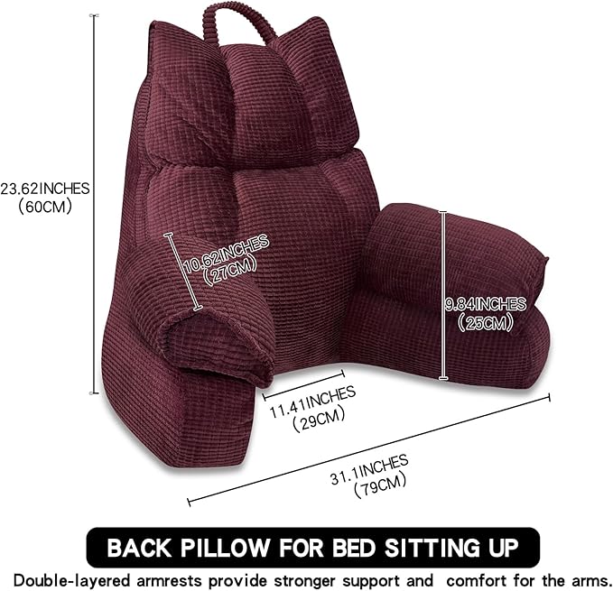 RRPAHWTV Reading Pillow for Bed with High Arm Rests,Back Support Pillow for Sitting Up in Bed with Shredded Memory Foam for Reading, TV, Gaming or Relaxing on Floor（Plum，Small）