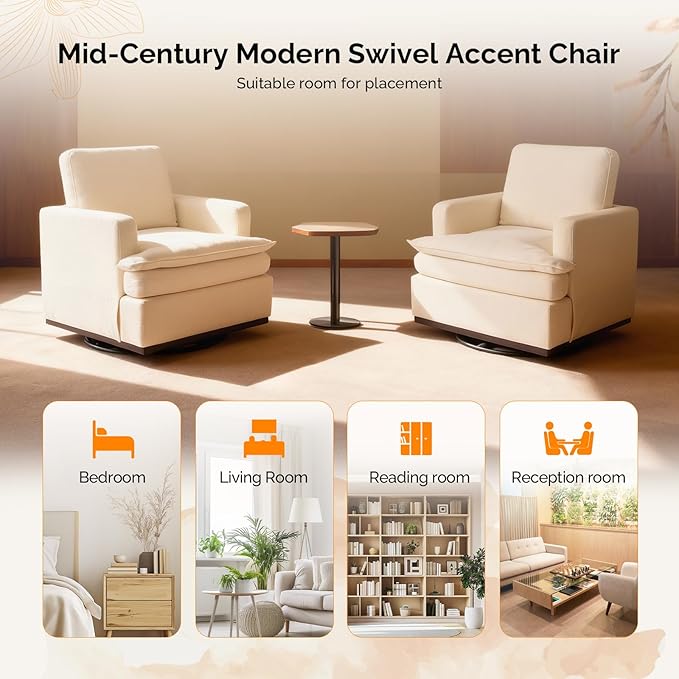 VINGLI Mid-Century Modern Single Swivel Armchair, 360° Swivel, Double-Layer Seat Cushions, Upholstered Square Club Chair for Living Room, Bedroom, Reading Room,Beige Chenille