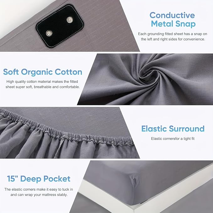 Grounding Sheets, 95% Organic Cotton + 5% Silver Fiber, Earth Connected Fitted Sheet with Grounding Cord (Beige, Full XL)