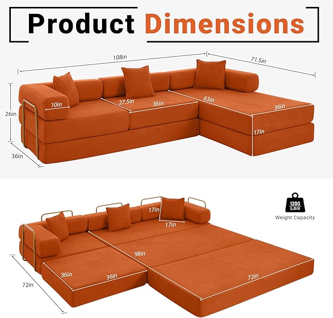 108" Convertible Sleeper Sofa Bed, Corduroy Folding Sofa Bed with Fixed-Shape Frame, Fold Out Floor Mattress Couch, Lazy Compression Sofas for Living Room, Bedroom, No Assembly Required,Orange