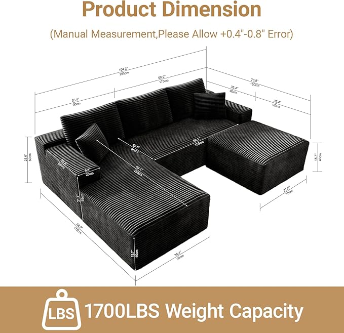 KAPEETOO U Shaped Modular Sectional Sofa with Left Chaise Ottoman, Boneless Couch with Deep Seat, Oversize 3-Seater Sofa U Shaped Set for Living Room Bedroom (Black)