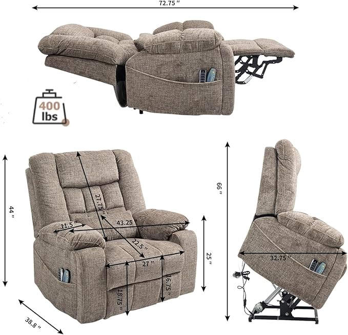 27in Extra Wide Recliner Chair for Big Man 400lbs, 4-Motor Power Lift Recliner Chair with Heat and Vibaration Massage, Overstuffed Lay Flat Recliner with Hidden Cup Holder for Elderly