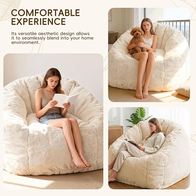 Giant Bean Bag Chair with Armrests 47 Inch Large Plush Bean Bag Couch for Adults and Kids Fluffy Faux Fur Shell-Shaped Oversized Comfy Stuffed Sofa with Filler for Living Room, Bedroom & Dorm, Begie
