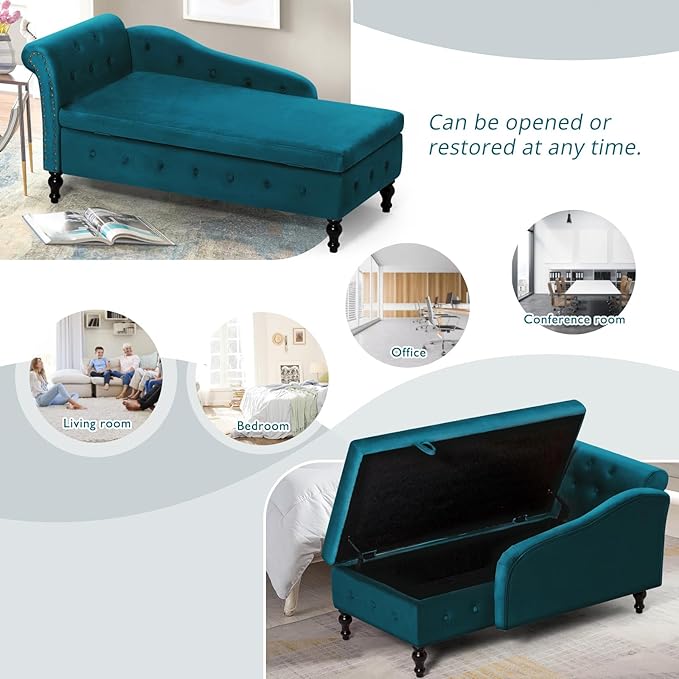 ACMEASE Upholstered Chaise Lounge with Left Armrest & Lumbar Pillow,Button Tufted Lounge Sofa with Storage,Lounge Chair Indoor,Modern Velvet Lounge Chair for Bedroom, Living Room and Office,Teal
