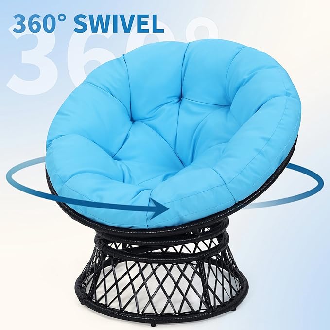 Kromax 40" Ergonomic Wicker Papasan Chair, 360° Swivel Round Egg Chair with Soft Thick Cushion, Indoor Outdoor Use for Living Room, Bedroom, Reading Room, Black Frame with Blue Cushion