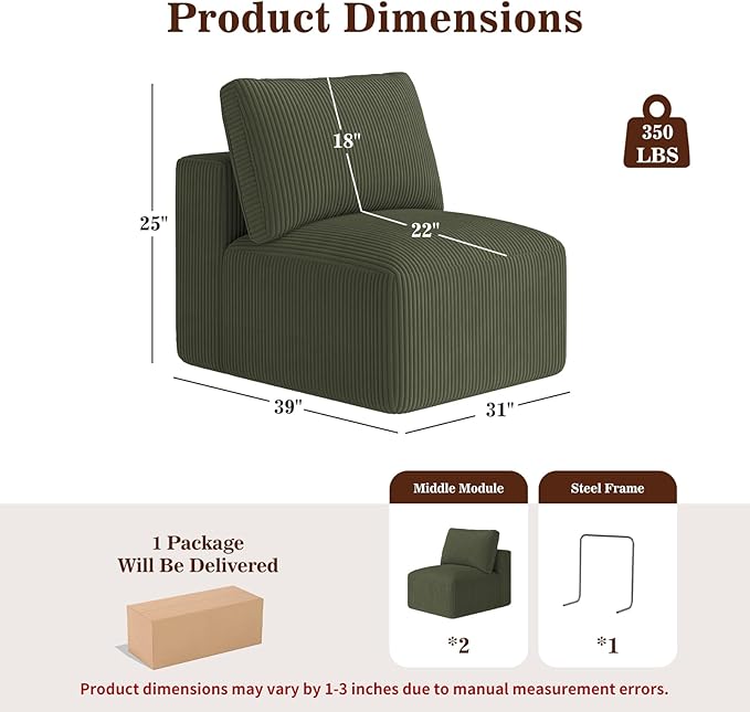 31" Modular Middle Seat Cloud Couch Extension, Armless Memory Foam Boneless Chair, Cozy Upholstered Corduroy Frameless Single Seat, No Assembly Required Accent Chair for Living Room Bedroom, Green