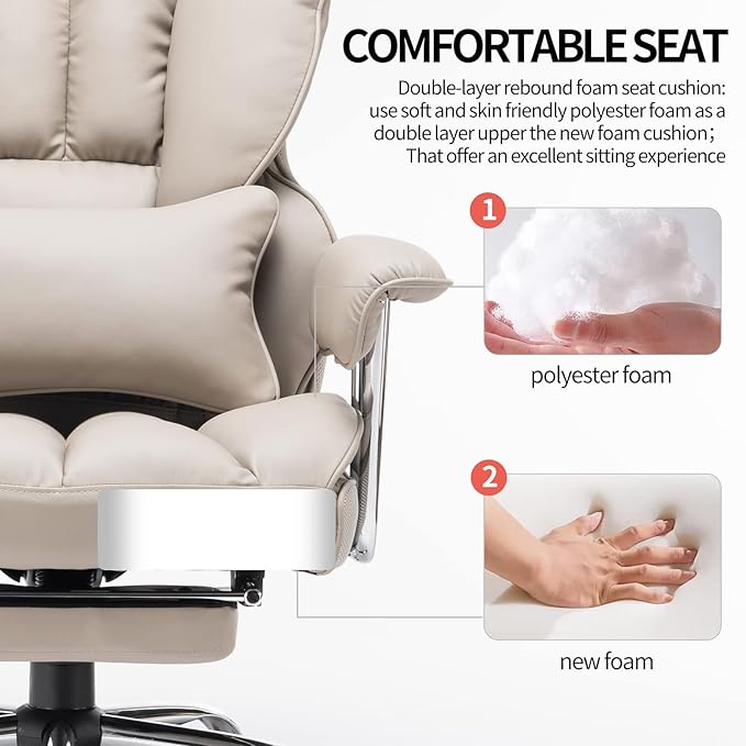 Efomao 400lbs Big and Tall Office Chair - 23.5" Wide Seat PU Leather Executive Desk Chair with Footrest, Heavy Duty Thickened Mechanism Computer Chair, Grey