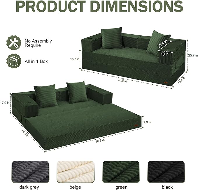 COMAX Futon Sofa Bed Queen, 79" Convertible Sofa Bed Couches for Living Room, 4 in 1 Folding Boneless Sleeper Corduroy Couch Loveseat Foam In a Box, Foldable Comfy Lounge Fold Out Floor Mattress Green