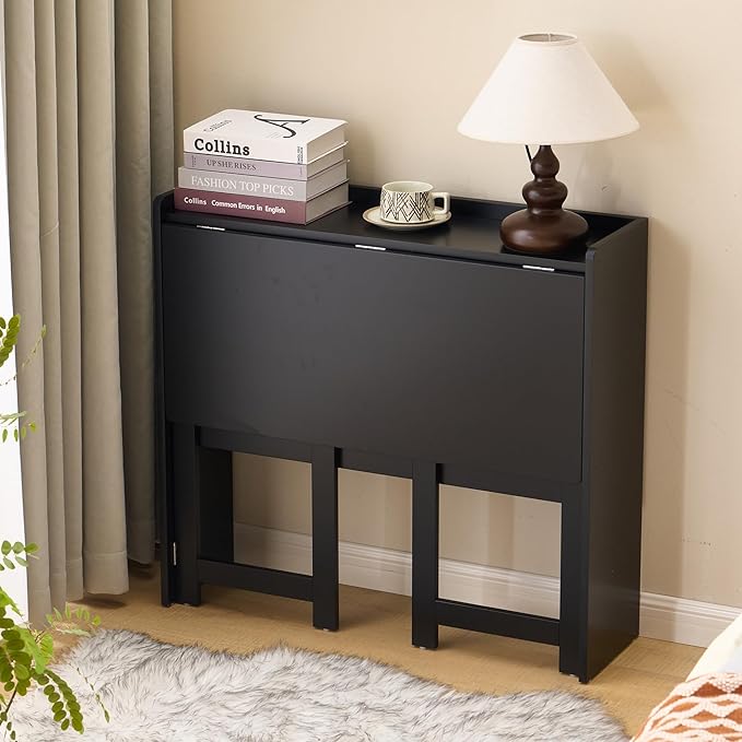 KEIKI 32.6" Folding Table with Storage Shelf, Foldable Computer Desk for Small Spaces, Space-Saving Study Table for Bedroom Home Office Dorm and Apartment, Black
