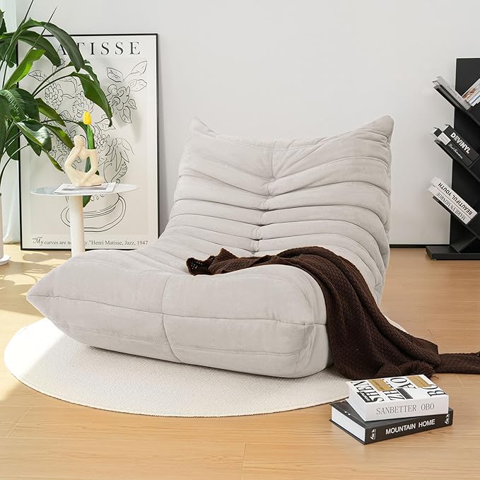 High-end Togo Bean Bag Chair, Fireside Chair with Light Gray Suede Fabric Cover, Comfy & Soft Lazy Floor Lounge Sofa for Bedroom, Living Room, Office or Salon
