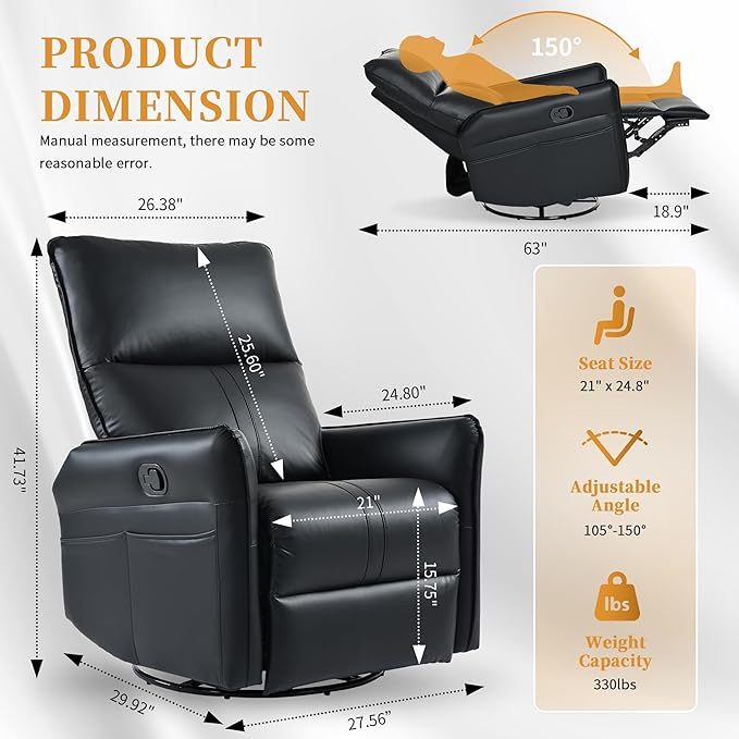 QKFF Swivel Rocker Recliner Chair, Upholstered 360° Fabric Leather Glider Rocker Chair for Nursery, Manual Small Recliners for Small Spaces Living Room Weight Capacity 300lbs