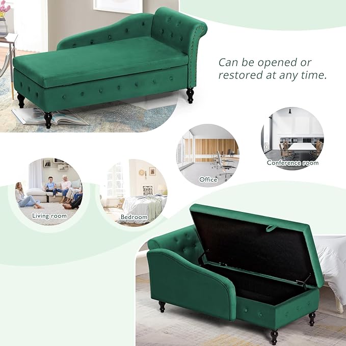 ACMEASE Chaise Lounge with Right Armrest & Lumbar Pillow,Button Tufted Lounge Sofa with Storage,Lounge Chair Indoor,Modern Upholstered Velvet Lounge Chair for Bedroom, Living Room and Office,Green