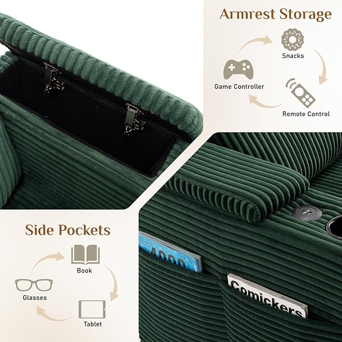 110" W x 60" D U Shape Sectional Sofa with USB Charging & Cup Holder & Storage, 5 Seater Plush Corduroy Couches with Movable Ottoman, Cloud Couch Sofas for Living Room, DIY Combination - Green