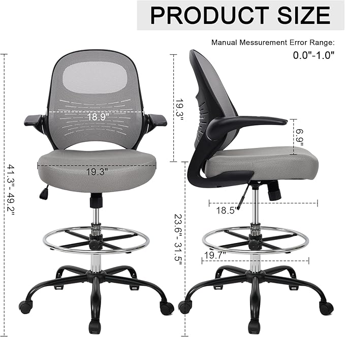 HYLONE Tall Drafting Chair Standing Desk Chair with Flip-Up Armrests, Adjustable Height Ergonomic Office Chair with Footrest Ring - High Stool Chair for Standing Desk（Grey）