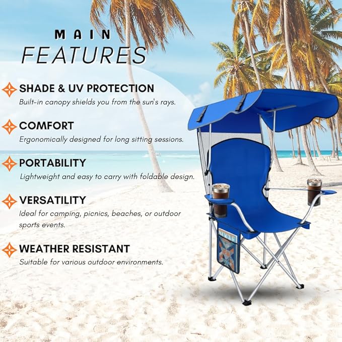 CozyBox Portable Folding Camping Chairs with Canopy Shade, Beach Chair for Adults, Durable Weather Resistant 600D Oxford Cloth, Camping Chair with Canopy for Outdoors [Blue-2 Pack]