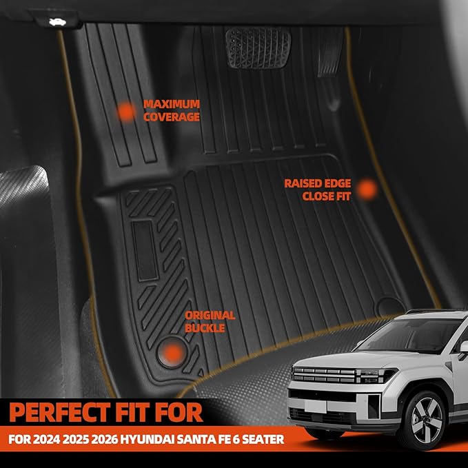 Floor Mats Fit for 2024 2025 2026 Hyundai Santa Fe 6 Seater Floor Mats & Trunk Mat & 2nd & 3rd Backrest Mats for Hyundai Santa Fe Accessories All Season Guard Odorless Anti-Slip Floor Liner
