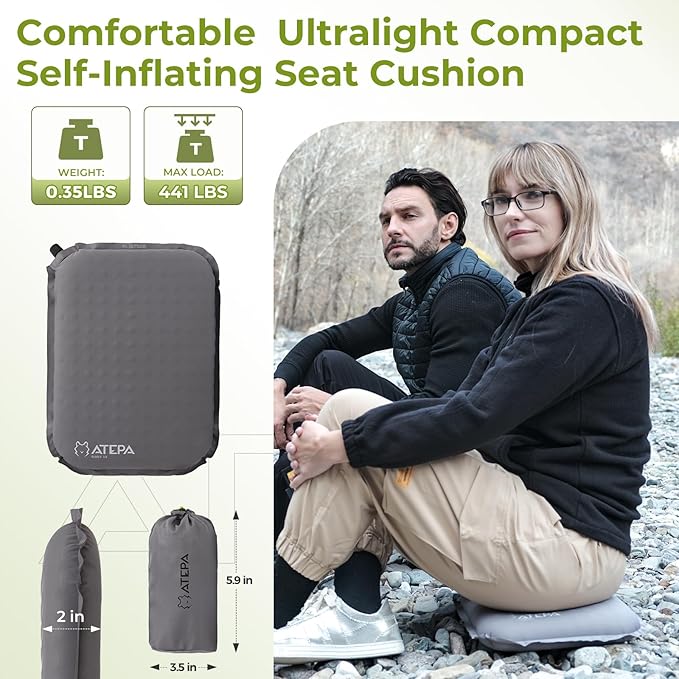 ATEPA Inflatable Seat Cushion, Self-Inflating Portable Stadium Airplane Travel Foam Cushion Pad for Camping, Sports Events, Outdoor