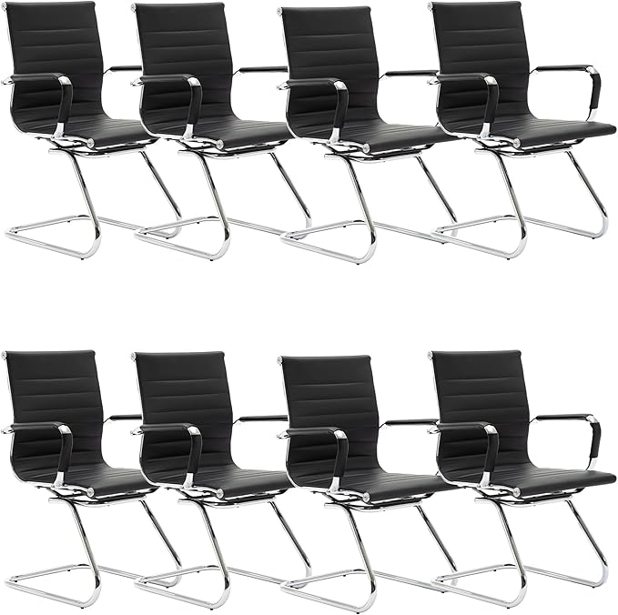 DM Furniture Black Office Desk Chair No Wheels Set of 8 PU Leather Computer Chairs Mid Back Guest Chairs for School Reception Conference Waiting Room, Black