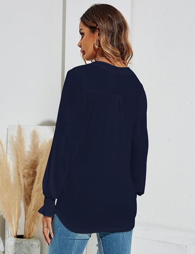 Romanstii Women's Casual V-Neck T-Shirts Loose Puff Long Sleeve Tops Tunic Blouses
