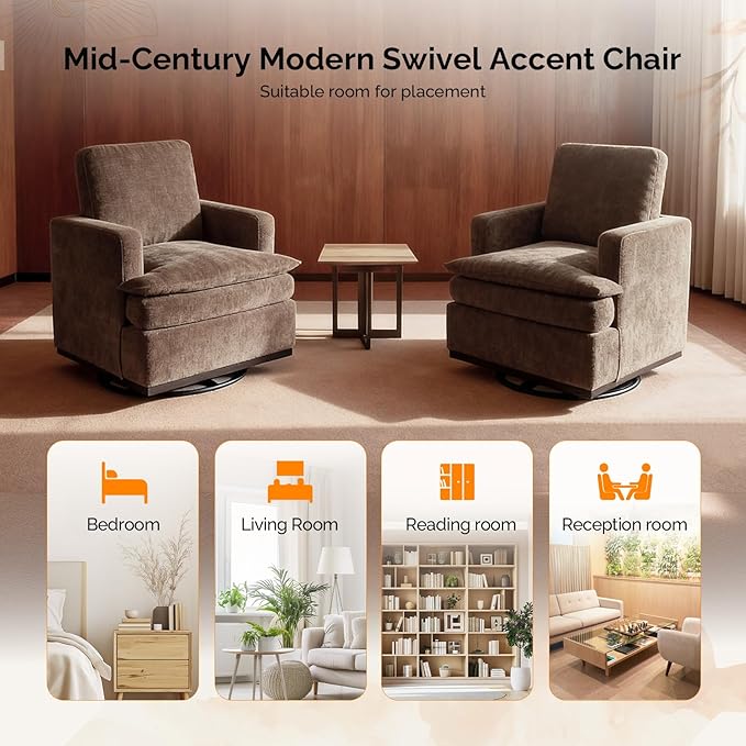 VINGLI Mid-Century Modern Single Swivel Armchair, 360° Swivel, Double-Layer Seat Cushions, Upholstered Square Club Chair for Living Room, Bedroom, Reading Room, Khaki Chenille