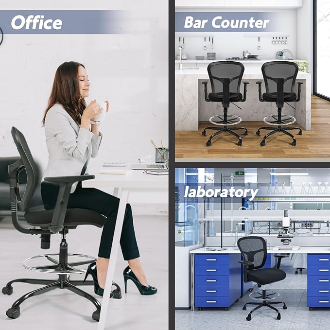 Drafting Chair, Tall Office Chair Ergonomic Standing Desk Chair,Rolling Desk Chair with Adjustable Armrest & Foot Ring,SGS Certified Gas Cylinder,High Rebound Sponge. (Black)