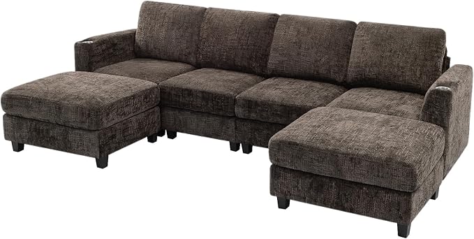 Lesofair 110" Convertible U-Shape Couch with 2 Flexible Ottomans, Soft Sectional Sofa with 2 Built-in Cup Holders, Chenille 4 Seats Sofa with Well-Filled Back Cushions for Living Room, House, Brown