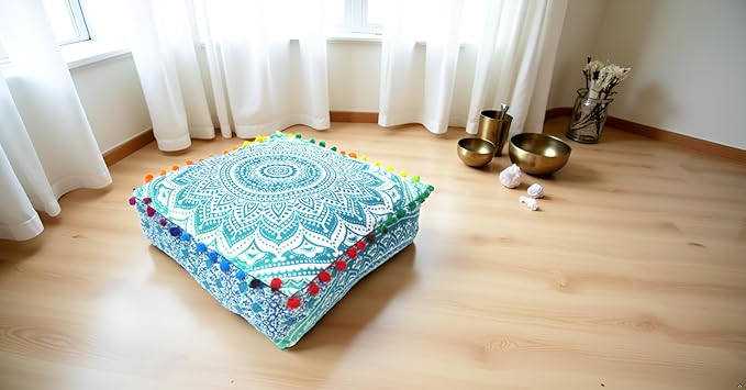 CRAFT KALA Green Ombre Large Hippie Mandala Meditation Floor Ottoman Pillow Cushion Pouf Cover Square Poufs Bohemian Circle Floor Cushion Case Outdoor Fireplace Yoga Living Room Decor Cover 24" Square