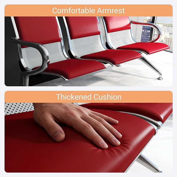 Kinfant Red 12-Seat Waiting Room Chairs with Arms – Heavy-Duty Steel Frame PU Leather Back & Cushioned Seat, Ergonomic Office Reception Guest Chair for Lobby, Clinic, Airport