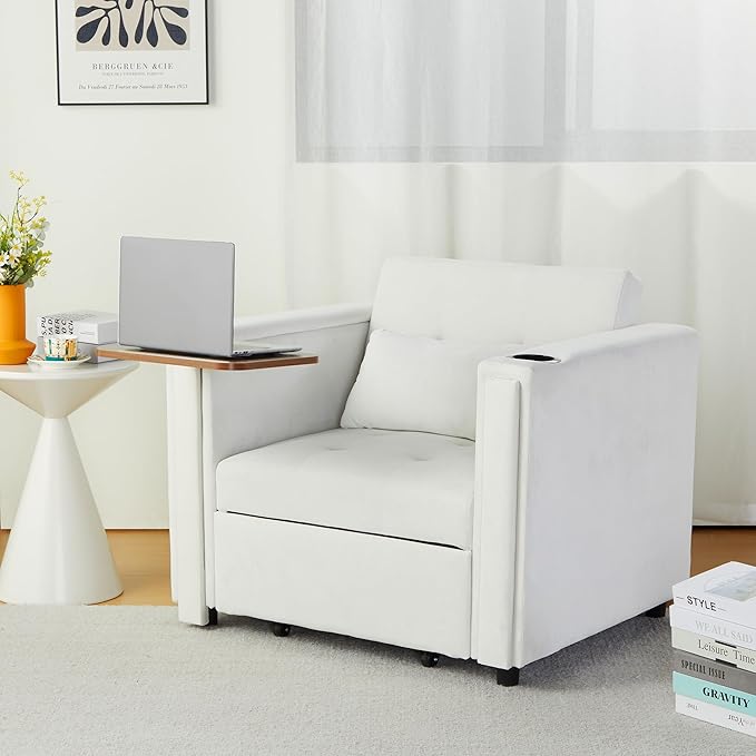 Velvet Convertible Chair Bed, 3 in 1 Multi-Functional Lounge Chair Sleeper, Pull Out Couch Guest Bed with Hidden Table and Adjustable Backrest for Living Room (White)