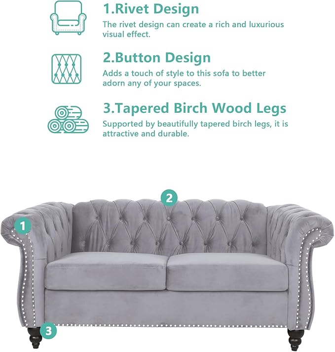 QHITTY Accent Sofa, Chesterfield Loveseat Modern Velvet Couch Upholstered Sofa with Tufted Back for Living Room Furniture (Grey)