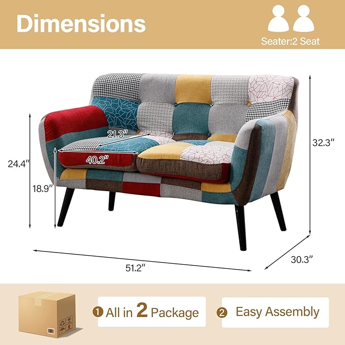 Bonzy Home Modern Boho Loveseat Couch Sofa Chair Set of 2 for Living Room Bedroom, Upholstered Colorful Plaid Fabric 2-Seat Love Seat Sofa with Wood Leg for Small Space