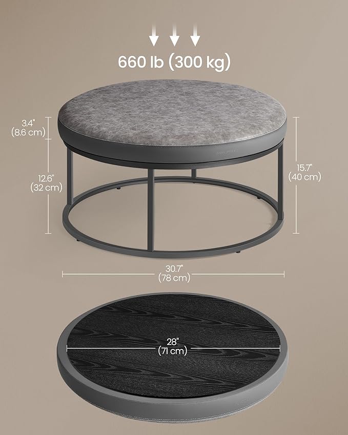 SONGMICS HOME LUIZ Collection - Ottoman, Round Coffee Table, Footstool, Reversible Top, Padded Seat, Side Table, Minimalist, Steel Frame, Max. Load 660 lb, for Living Room, Dove Gray ULOM078G01