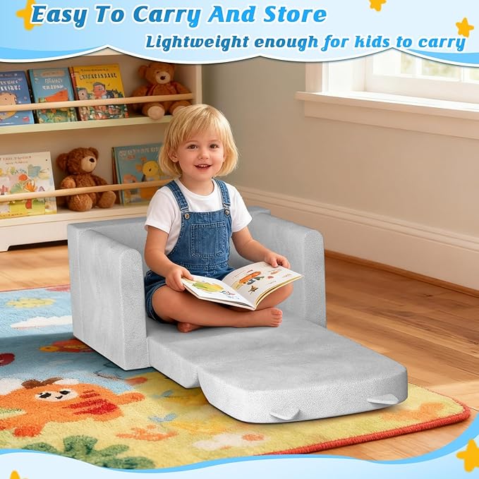 ORWIPO Kids Sofa Bed with Removable Washable Cover & Backrest – Foldable Toddler Chair, Cozy Crystal Velvet Furniture for Playtime, Naps & Travel (Gray, Bear Design)