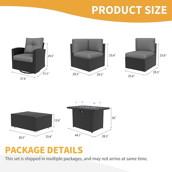 LayinSun 12 Pieces Patio Furniture Set with Fire Pit Table, Black Rattan Modular Sectional Outdoor Conversation Sofa Set, Swivel Rocking Chairs Set