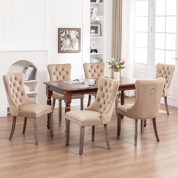 Kiztir Velvet Dining Chairs Set of 6, Upholstered Dining Room Chairs with Ring Pull Trim and Button Back, Luxury Tufted Dining Chairs for Living Room, Bedroom, Kitchen (Khaki)