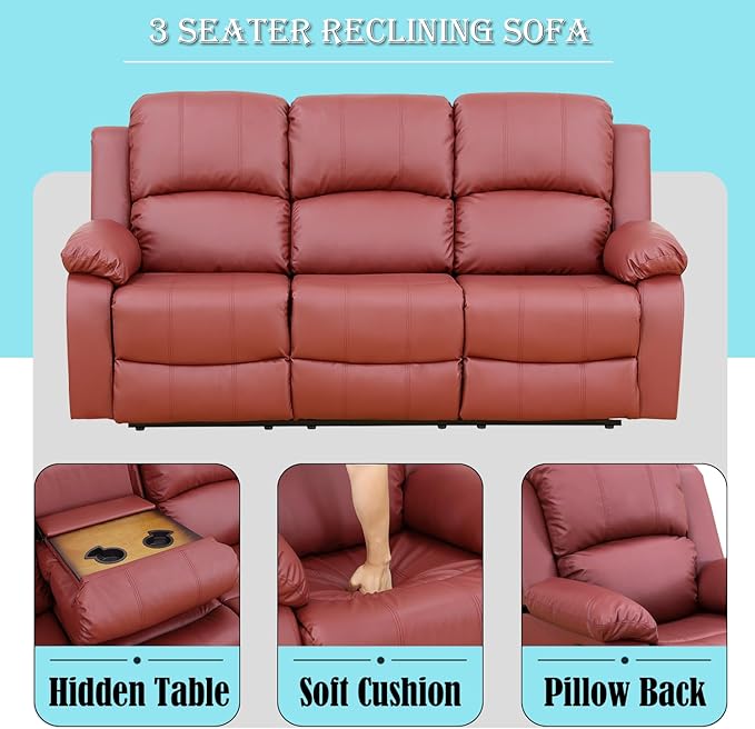 Caberryne Leather Recliner Sofa，Reclining Sofa for Living Room Furniture Sets，Red Wall Hugger Recliner Couch with Cupholder for Living Room/Office/Theater Seating(3 Seater Sofa)