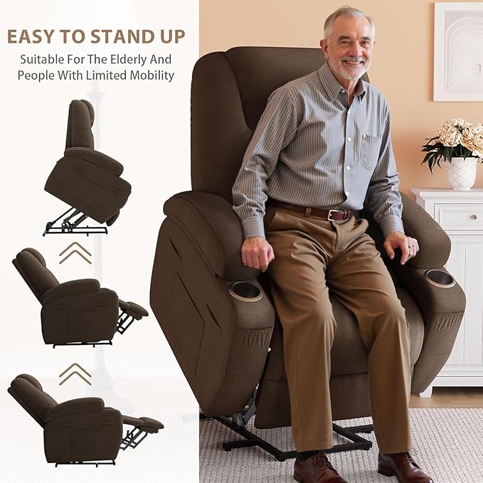 Flamaker Power Lift Chair Massage Recliner Chairs for Elderly - Ergonomic Design with Cup Holders & Side Pockets, Remote Control (Dark Brown)