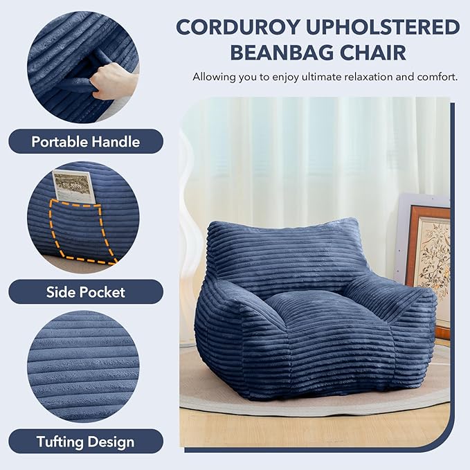 Giant Bean Bag Chair for Adults, Corduroy Upholstered Beanbag Chair with Side Pocket, Comfy Bean Bag Sofa with Portable Handle, Floor Sofa Chair for Bedroom (Blue)