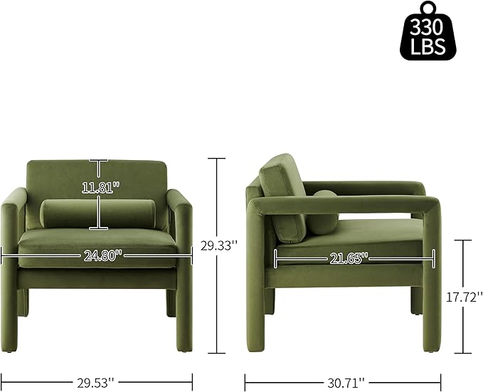 Art Leon Accent Chairs Set of 2, Modern Velvet Upholstered Arm Chairs, Sofa Chairs Lounge Chairs with Pillow for Living Room Bedroom, Green