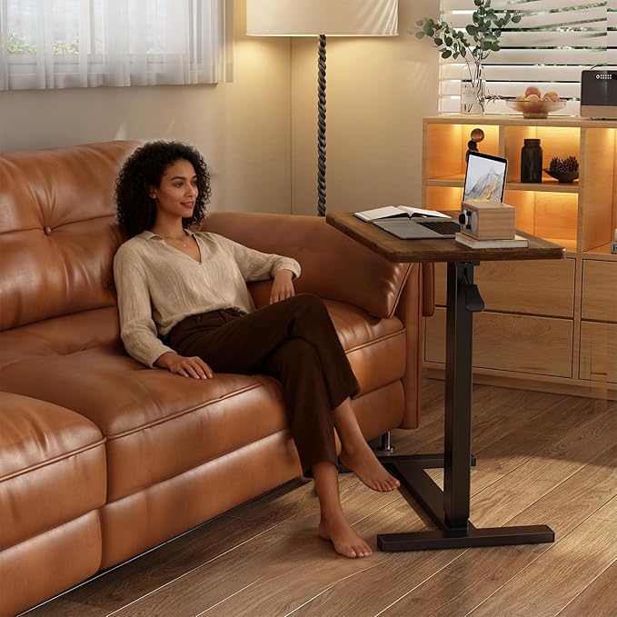Overbed Bedside Table with Wheels Adjustable Hospital & Home Use Bed Table Rolling Movable Laptop Mobile Standing Desk Pneumatic Computer Cart Waterproof L-Shaped Steel Base Tray Tables,Brown