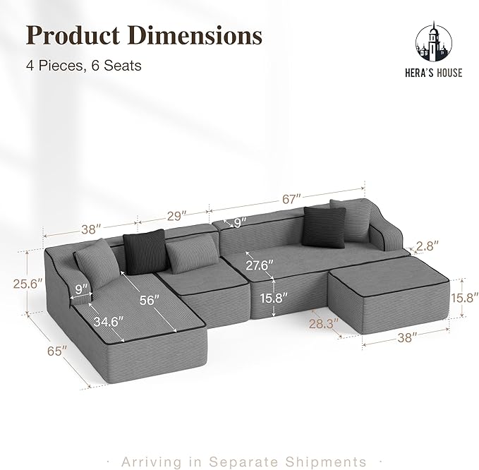HERA'S HOUSE 134" Cloud Sectional Couch, U-Shaped Modular Upholstered Sofa with Ottoman, Corduroy Boneless Couches with Wide Armrest and 6 Throw Pillows for Living Room, No Assembly Required, Grey