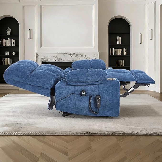 Oversized Recliner Electric Lift Chair, Power Lift Recliner for Big and Tall, 180° Lay-Flat and Assisted Standing, Extra Large Sofa with 8-Point Massage & Heating, Medium-Soft, Blue