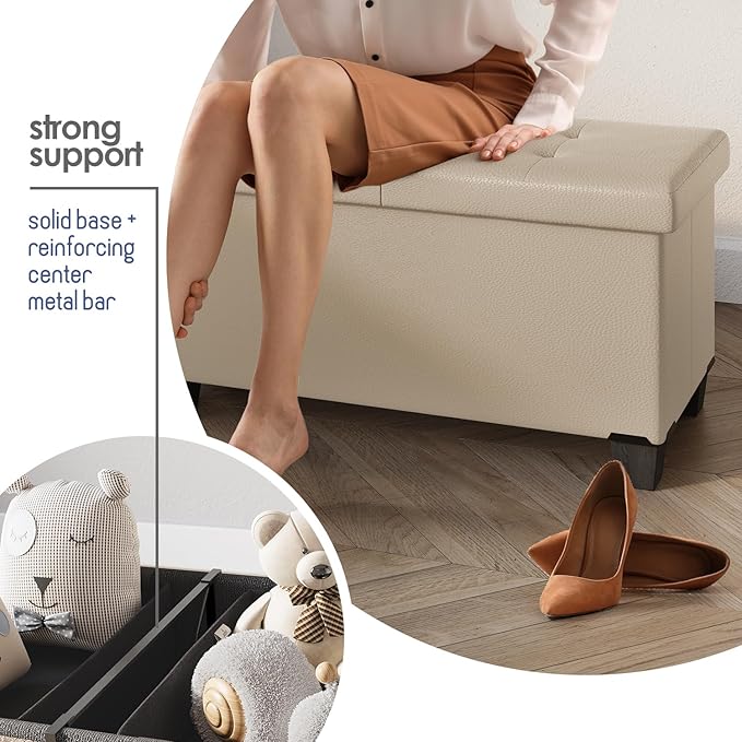 Storage Ottoman Bench with Bins, 43-in Storage Bench for Bedroom End of Bed, Folding Foot Rest Ottoman for Living Room Max 660lbs, Faux Leather Ottomans, Beige