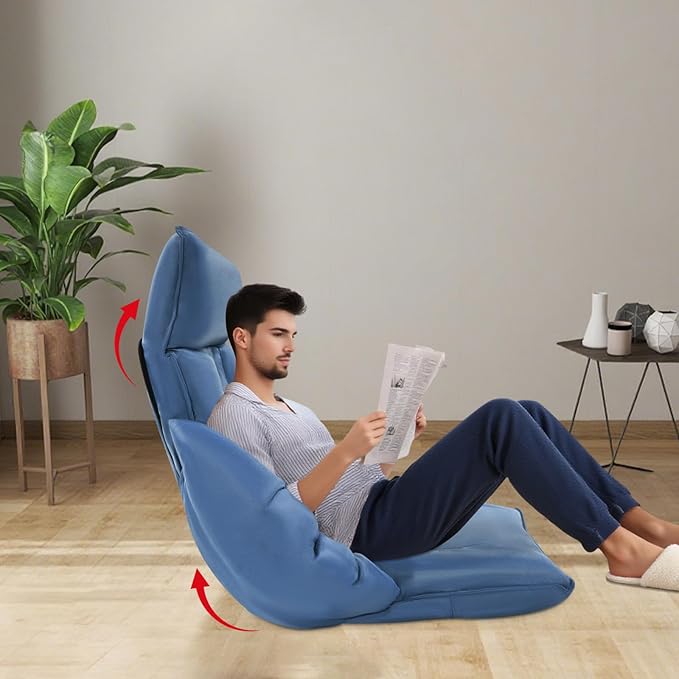 Foldable Floor Lazy Sofa, Adjustable Lazy Sofa Floor Chair with 5-Position Headrest, Ergonomic Foldable Floor Seating with Armrests and Lumbar Support, for Living Room, Bedroom, Office (Navy Blue)
