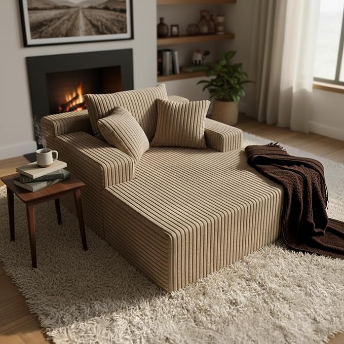 Sytopia Chaise Lounge with Armrests, Oversized Sofa Bed with 3 Pillows, Cozy Boneless Couch, Sleeper Reading Chair for Living Room Bedroom, Floor Sofa Corduroy, Furniture Sala, Cashmere Beige
